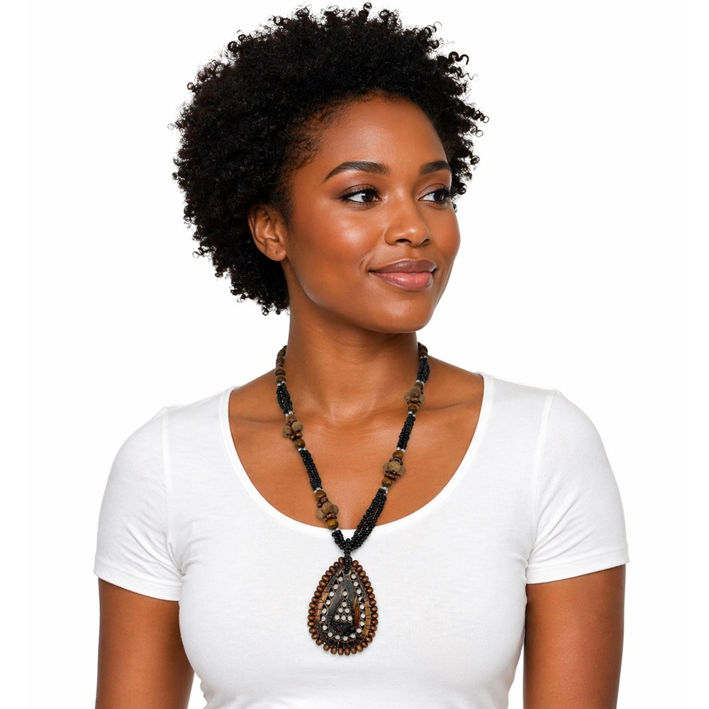 Boho Carved Wood Coconut Shell Teardrop Pendant Beaded Necklace Black 103-39